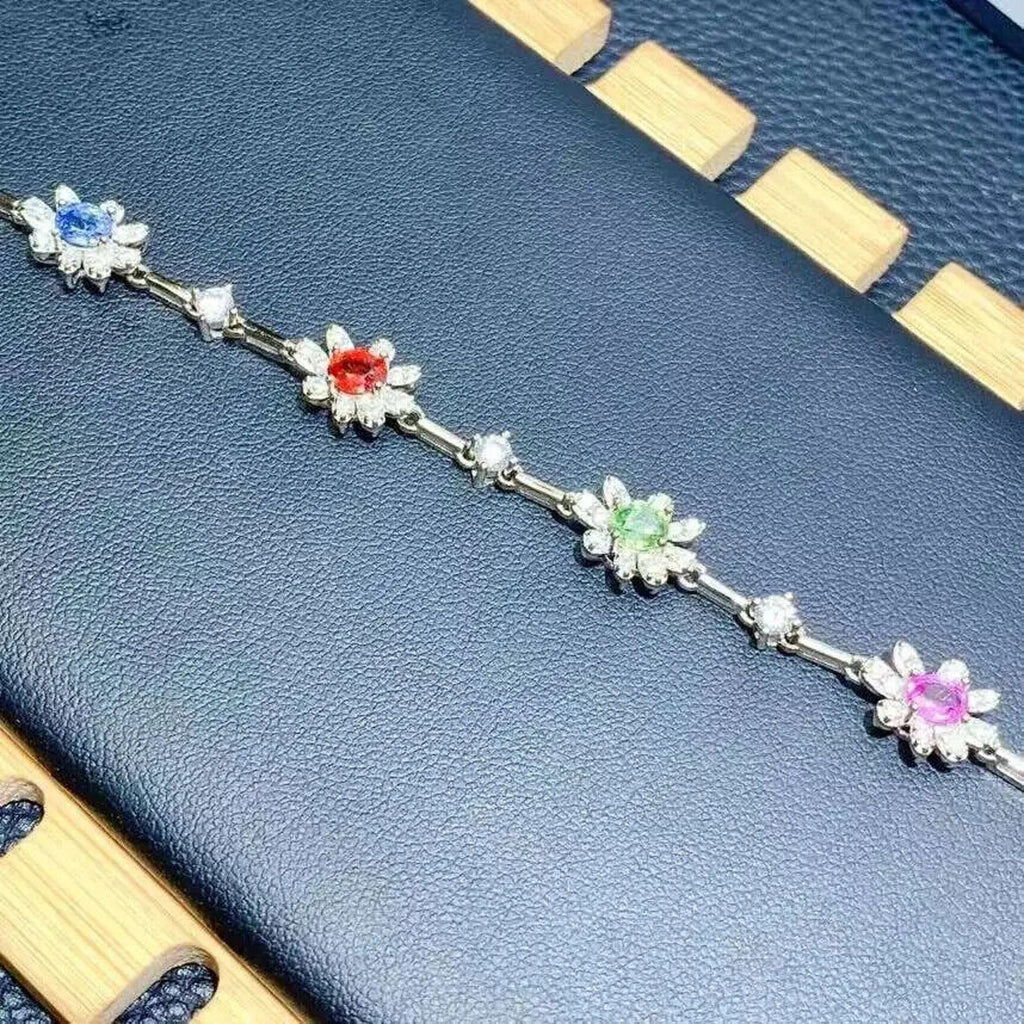 Colorful Dainty Sapphire Flower Tennis Bracelet, Natural Sapphire Gemstone