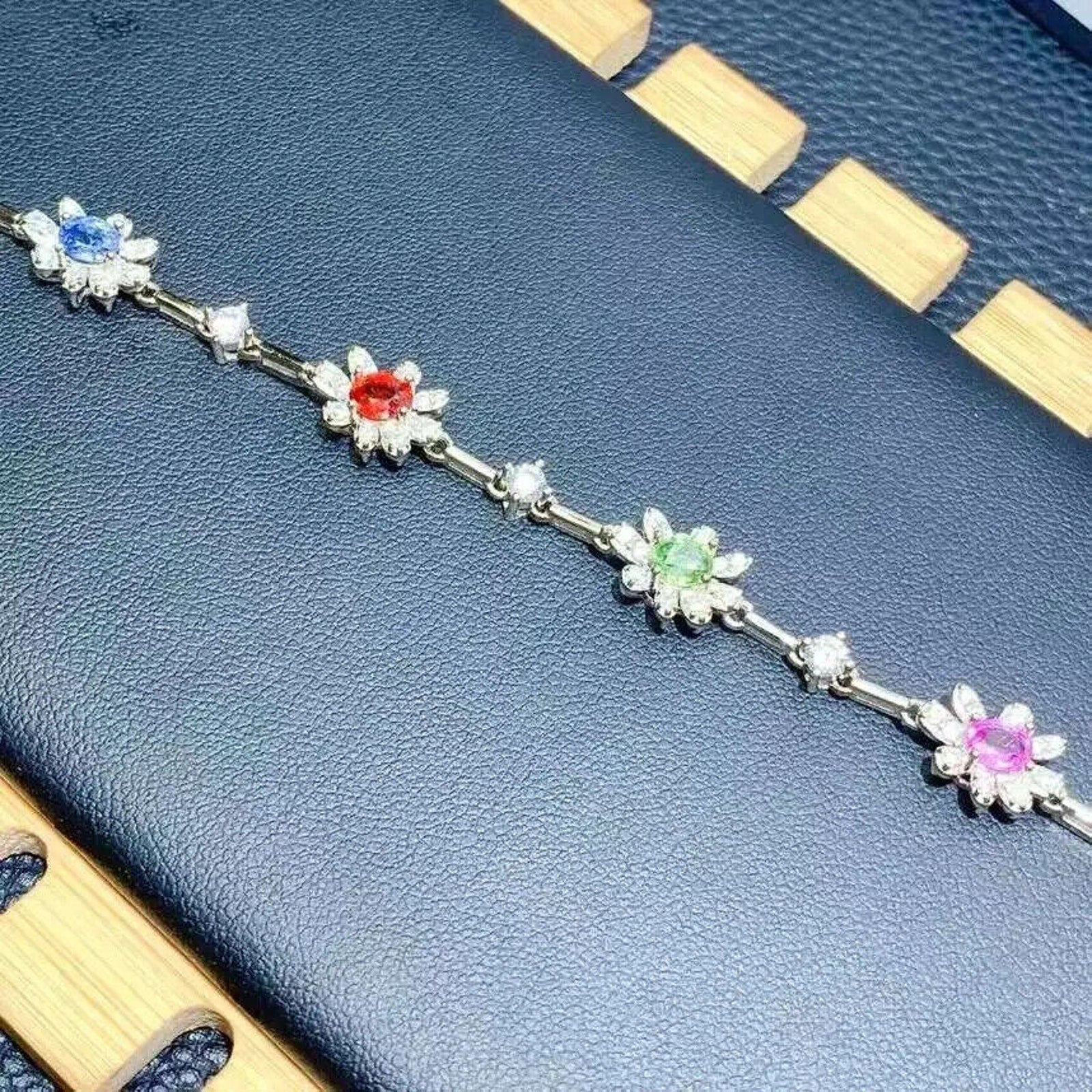 Colorful Dainty Sapphire Flower Tennis Bracelet, Natural Sapphire Gemstone