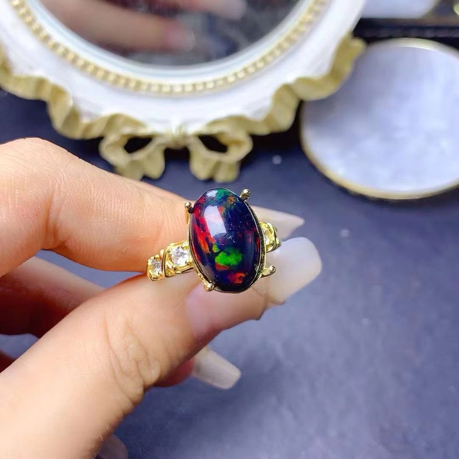 Black Opal Statement Ring, Australian Fire Opal Ring Sterling Silver 10x14mm