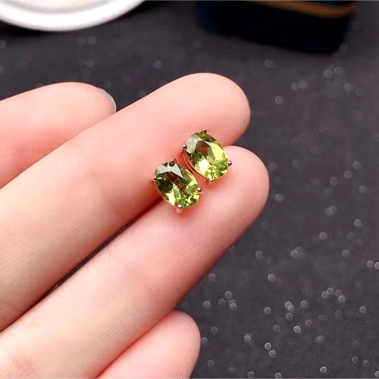 August Birthstone Peridot Stud Earrings 5x7mm 925 Sterling Silver