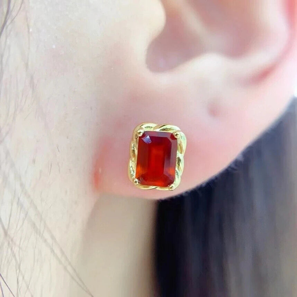 Natural Orange Garnet Stud Earrings 5x7mm Platinum Plated