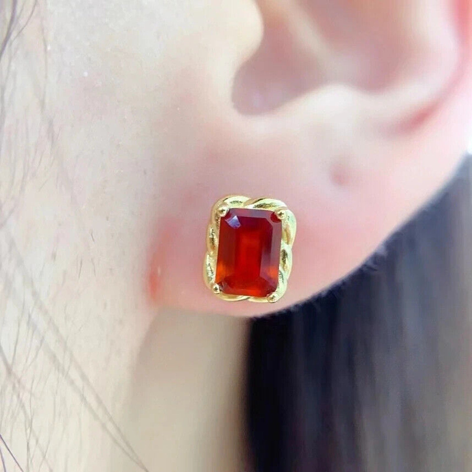 Natural Orange Garnet Stud Earrings 5x7mm Platinum Plated