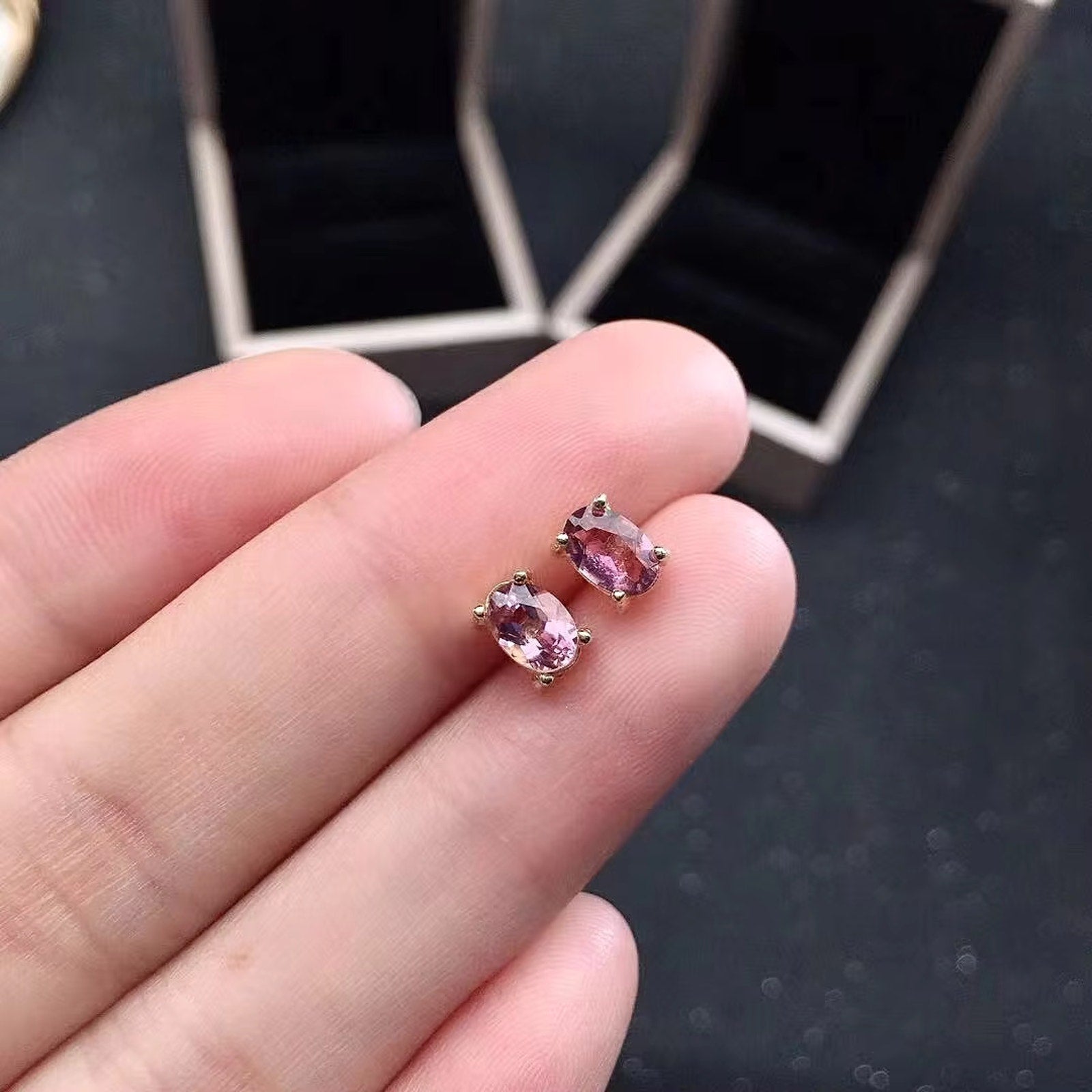 Pink Tourmaline Stud Earrings, Dainty Pink Tourmaline Earrings 4x6mm Silver