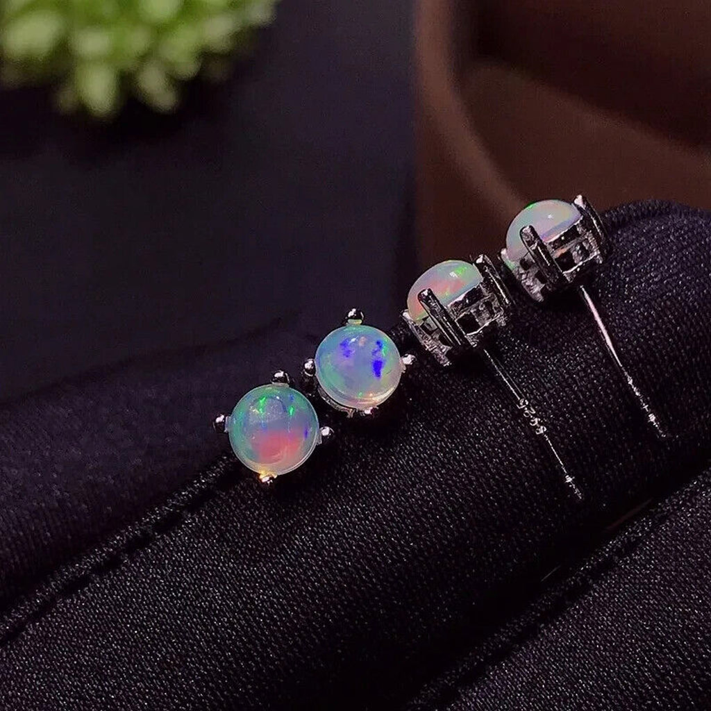 White Fire Opal Stud Earrings, Natural Opal 5x5mm Stud Earrings Sterling Silver