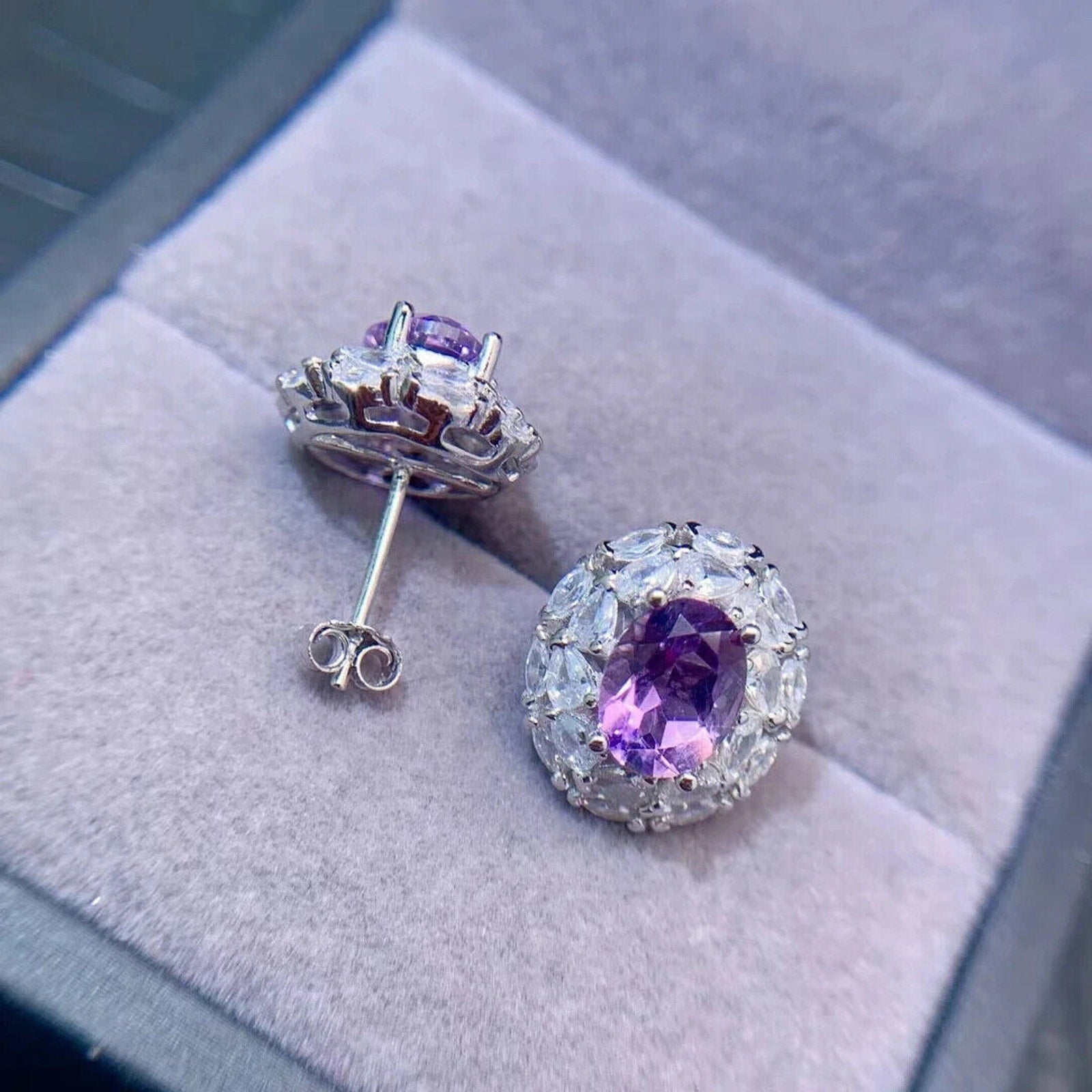 Amethyst Stud Earrings Oval Cut 6x8mm Platinum Plated, Purple Amethyst Earrings