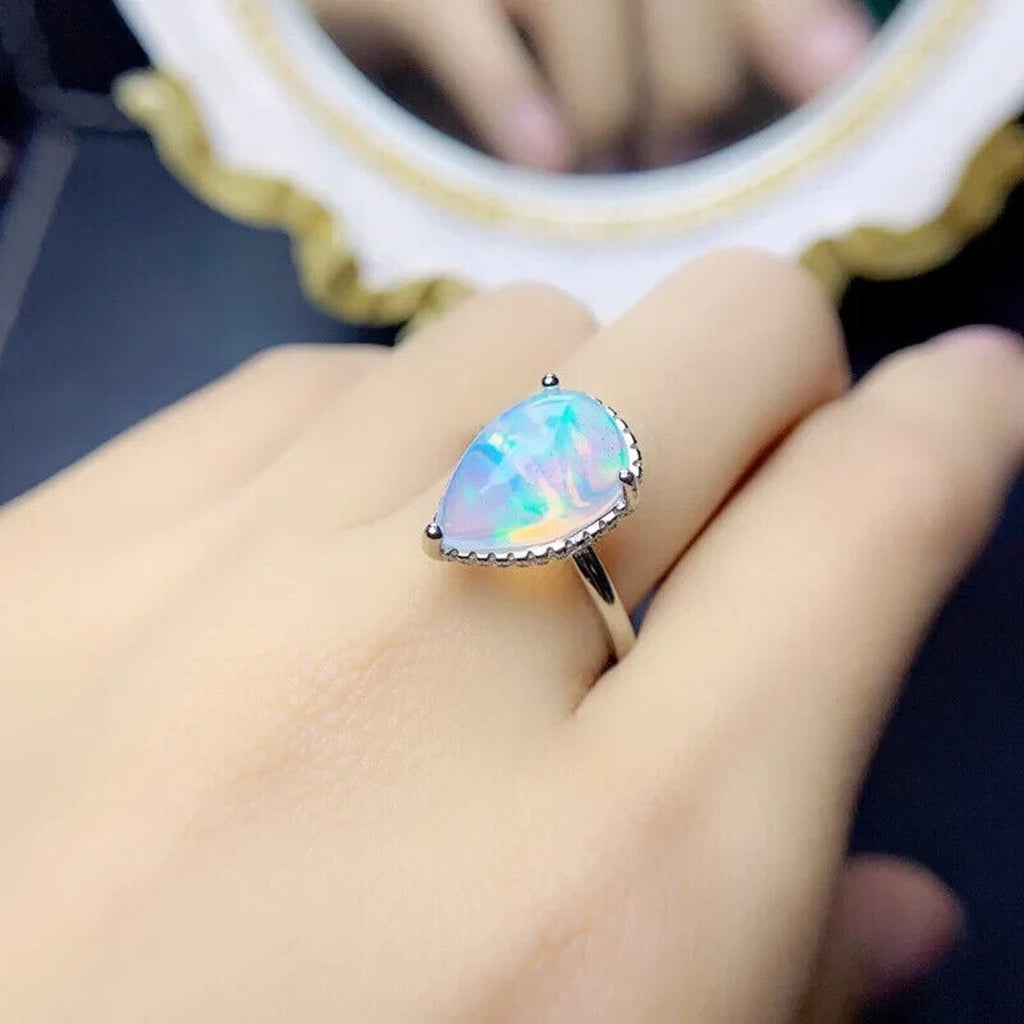 Pear Cut Fire Opal Gemstone Ring, Natural Fire Opal Statement Ring 8x12mm 1.4CT