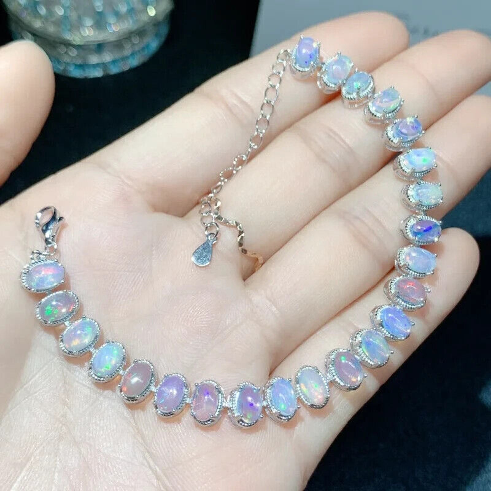 White Fire Opal Gemstone Bracelet, Natural Opal Tennis Bracelet Sterling Silver