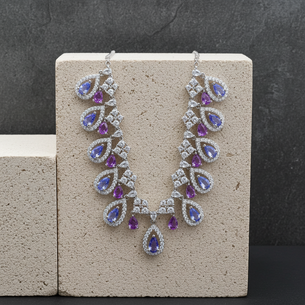 Natural Amethyst & Purple Tanzanite Gemstone Charm Necklace 925 Sterling Silver