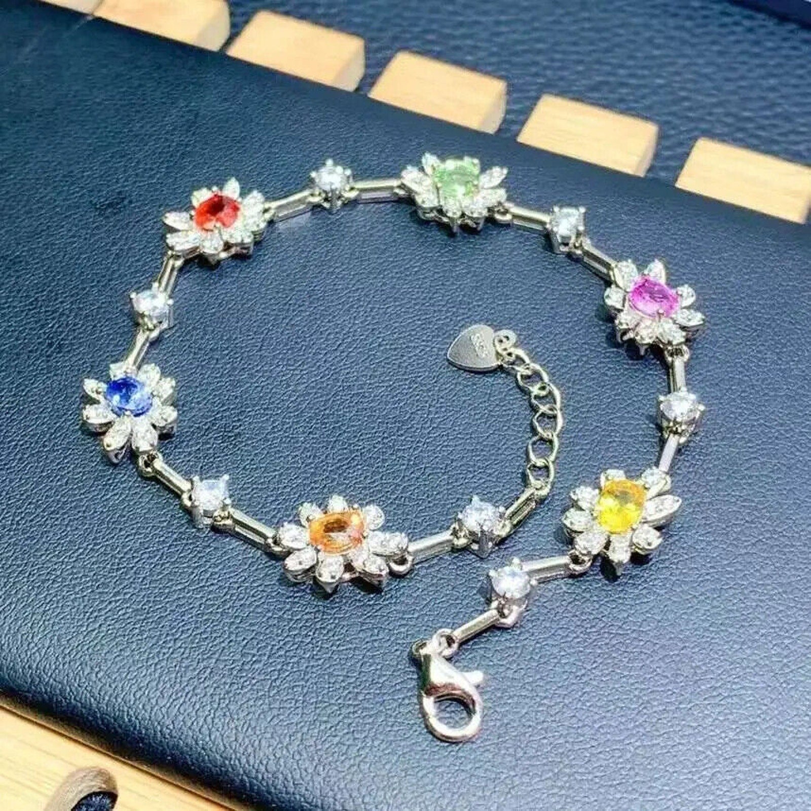 Colorful Dainty Sapphire Flower Tennis Bracelet, Natural Sapphire Gemstone