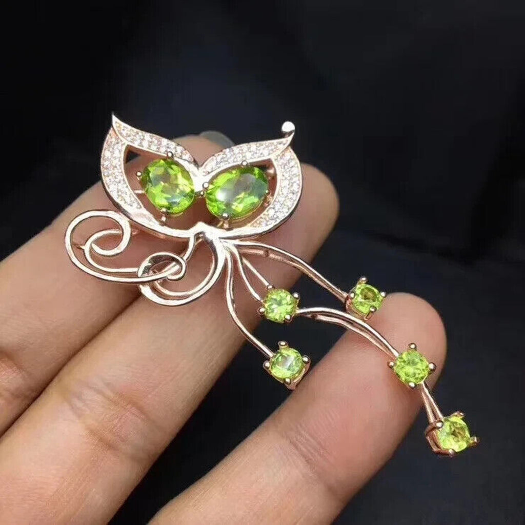 Natural Peridot Butterfly Brooch Pin 18k Rose Gold Plated, Peridot Brooch Pin