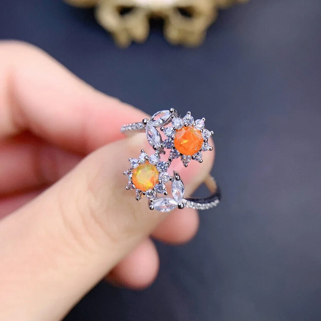 Orange Fire Opal Dainty Flower Ring, Natural Orange Opal Cluster Ring Sterling