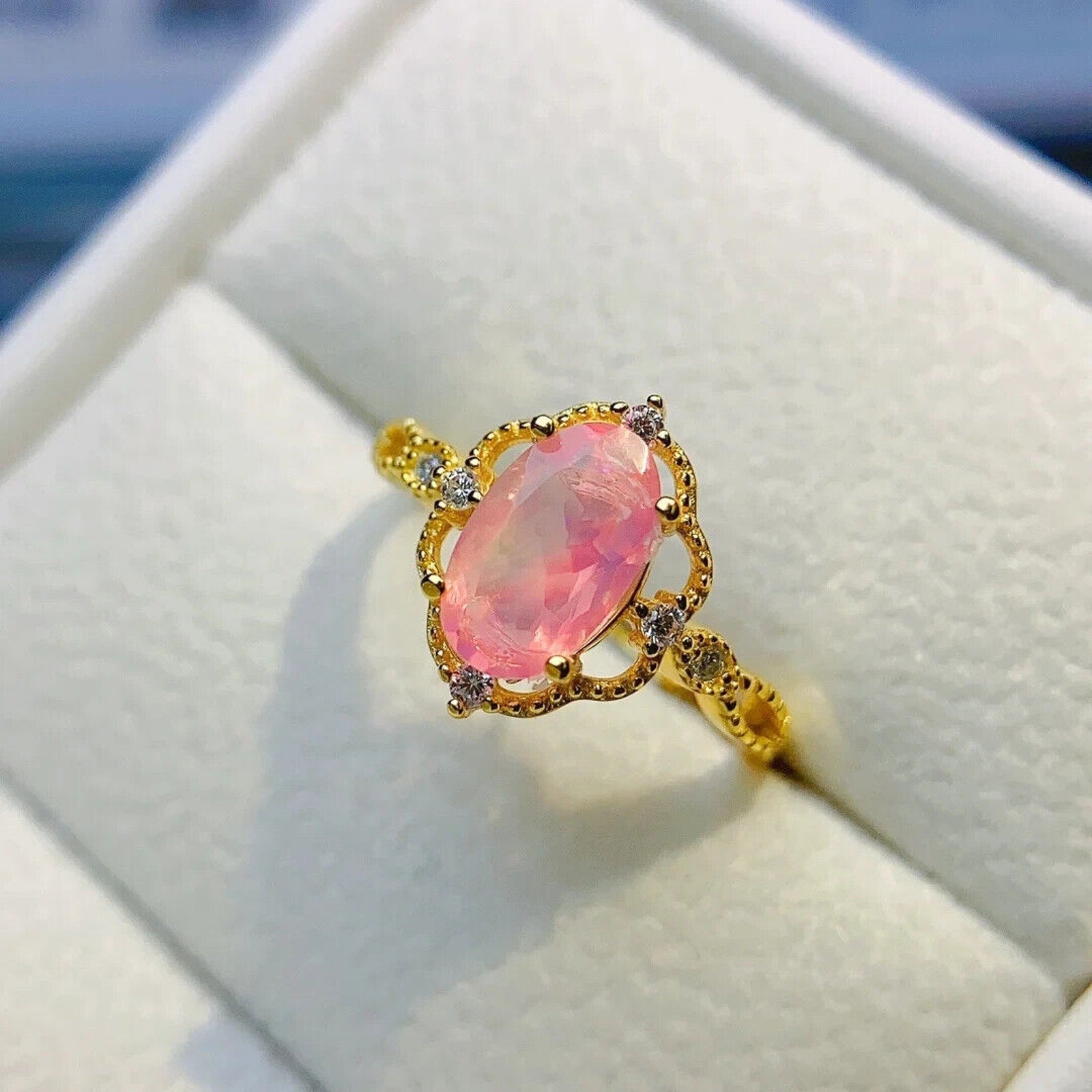 Pink Fire Opal Cluster Ring 5x9mm, Natural Pink Fire Opal Ring 925 Sterling