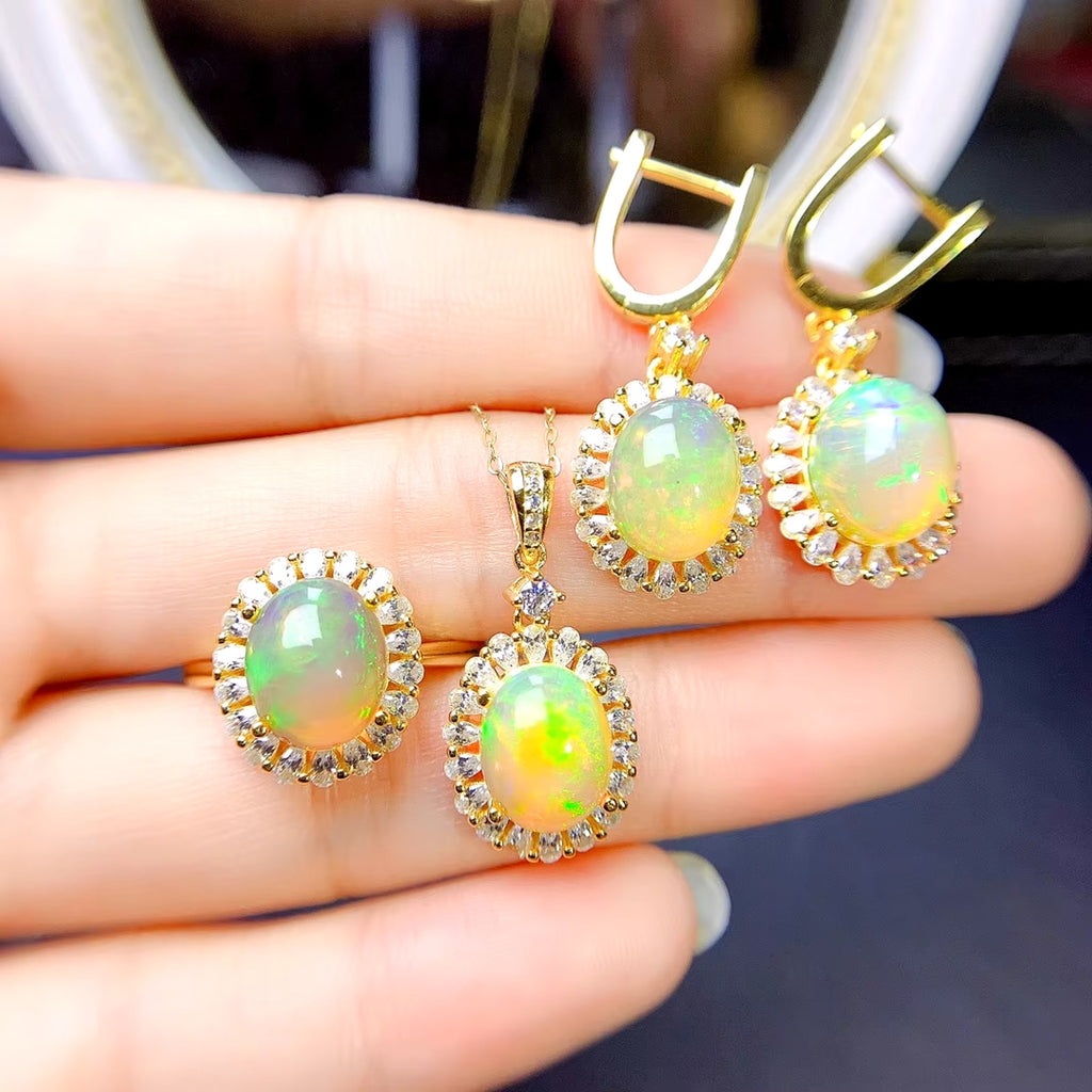 Fire Opal Jewelry Set 8x10mm, Fire Opal Earrings, Fire Opal Ring and Necklace