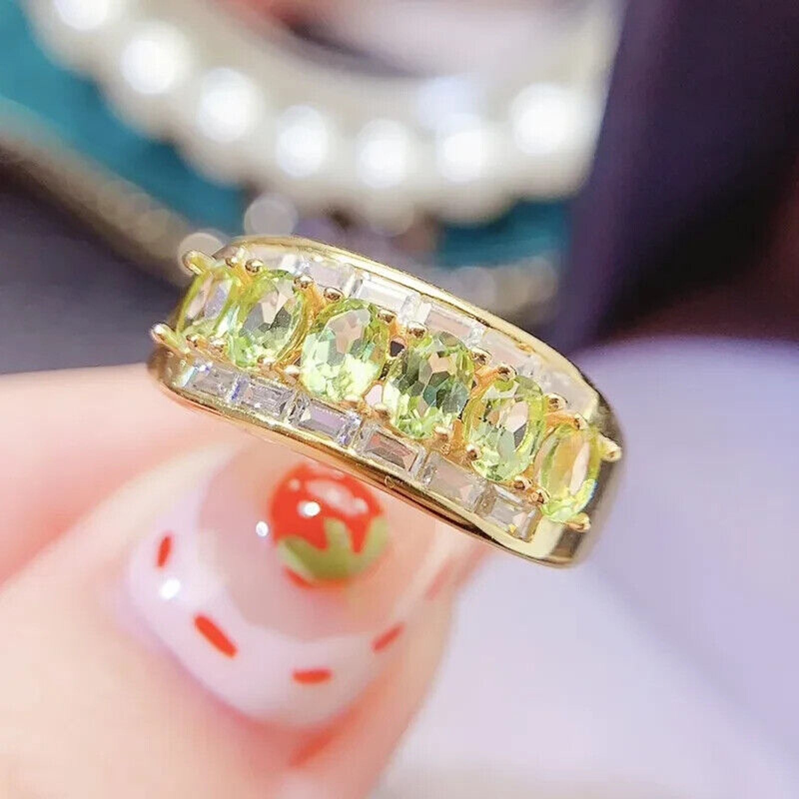 Natural Peridot Gemstone Band Ring 3x4mm, August Birthstone Peridot Ring