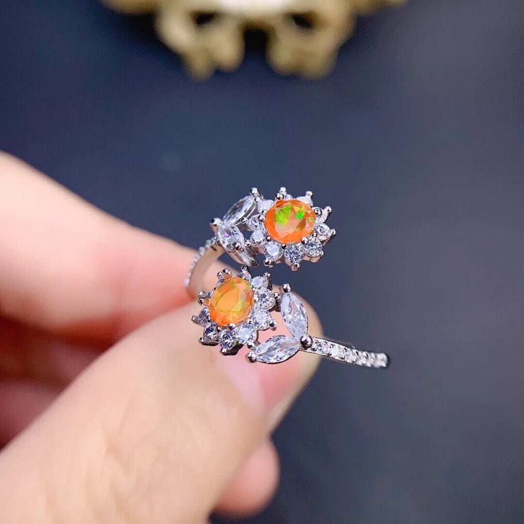 Orange Fire Opal Dainty Flower Ring, Natural Orange Opal Cluster Ring Sterling