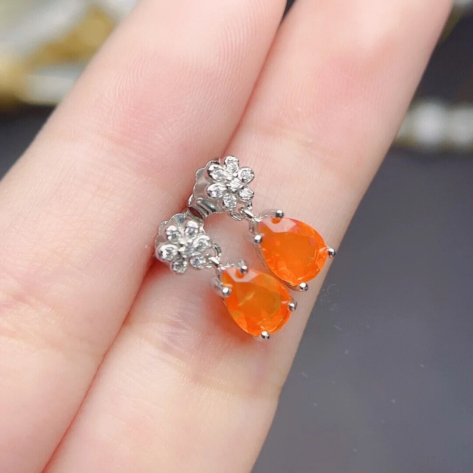 Orange Fire Opal Dangle Earrings, Colorful Orange Opal Dangle Earrings 5x7mm