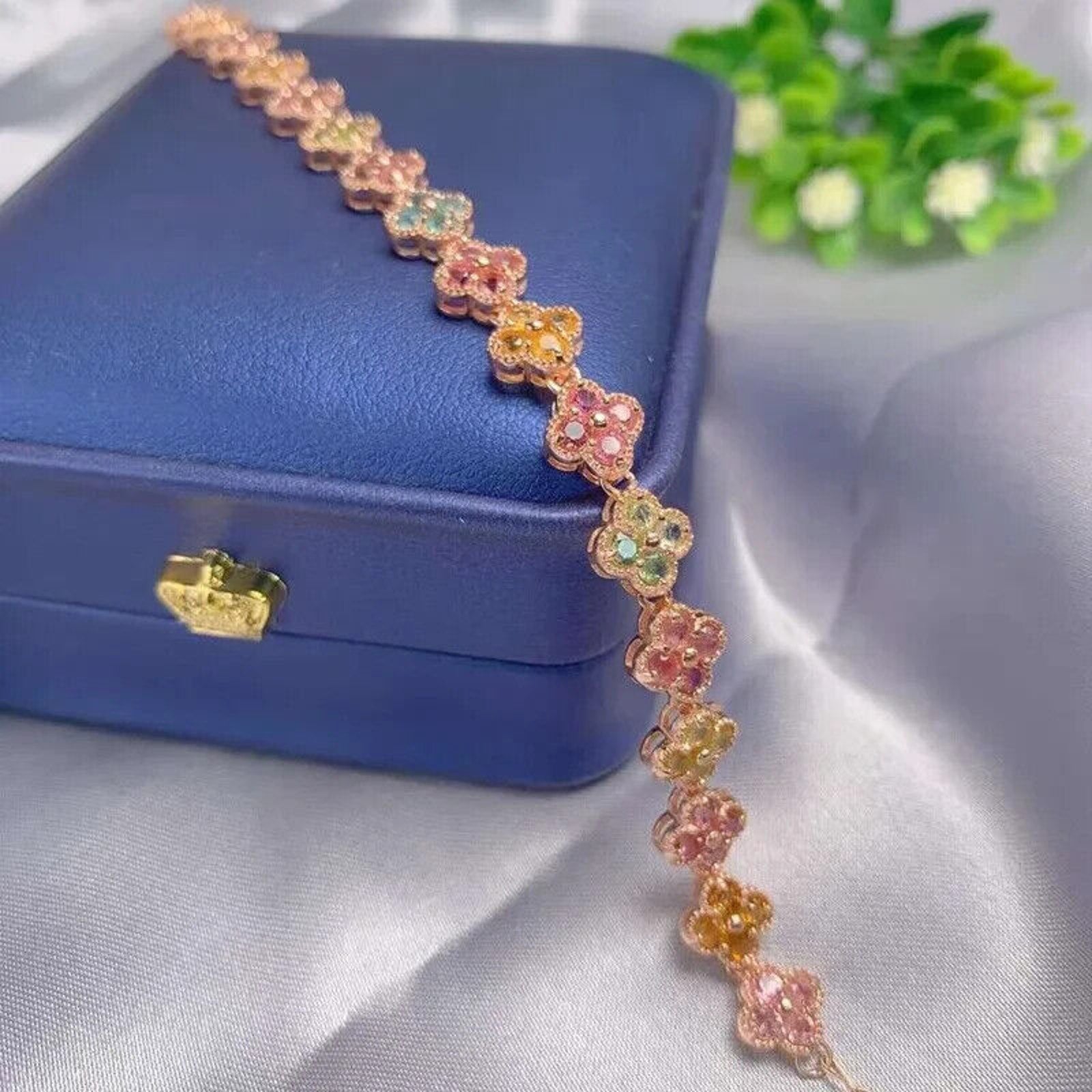 Natural Tourmaline Tennis Bracelet Rose Gold, Tourmaline Flower Bracelet
