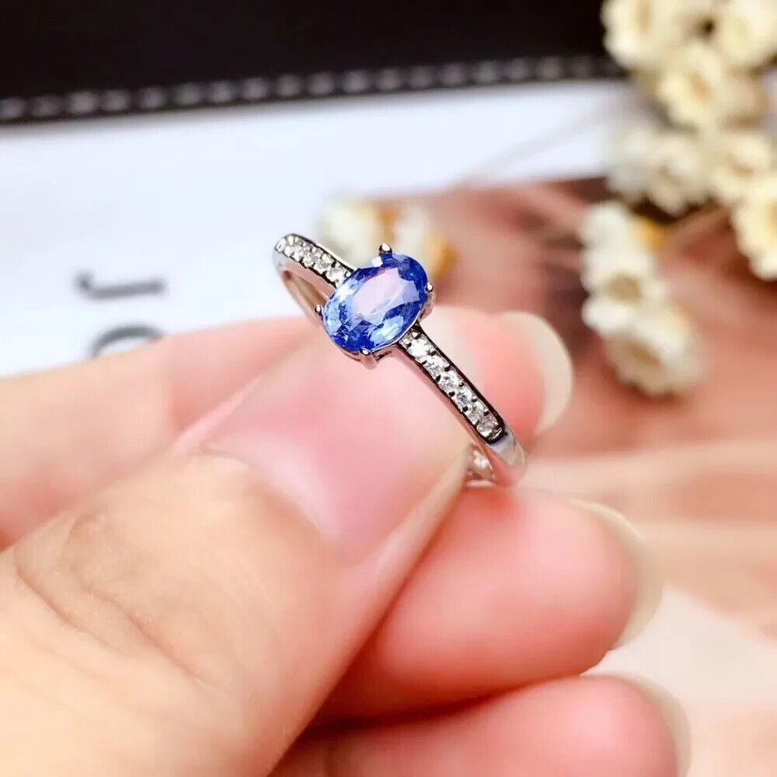 Sri Lanka Sapphire Ring, Natural Sapphire Ring Sterling Silver 4x6mm Sapphire