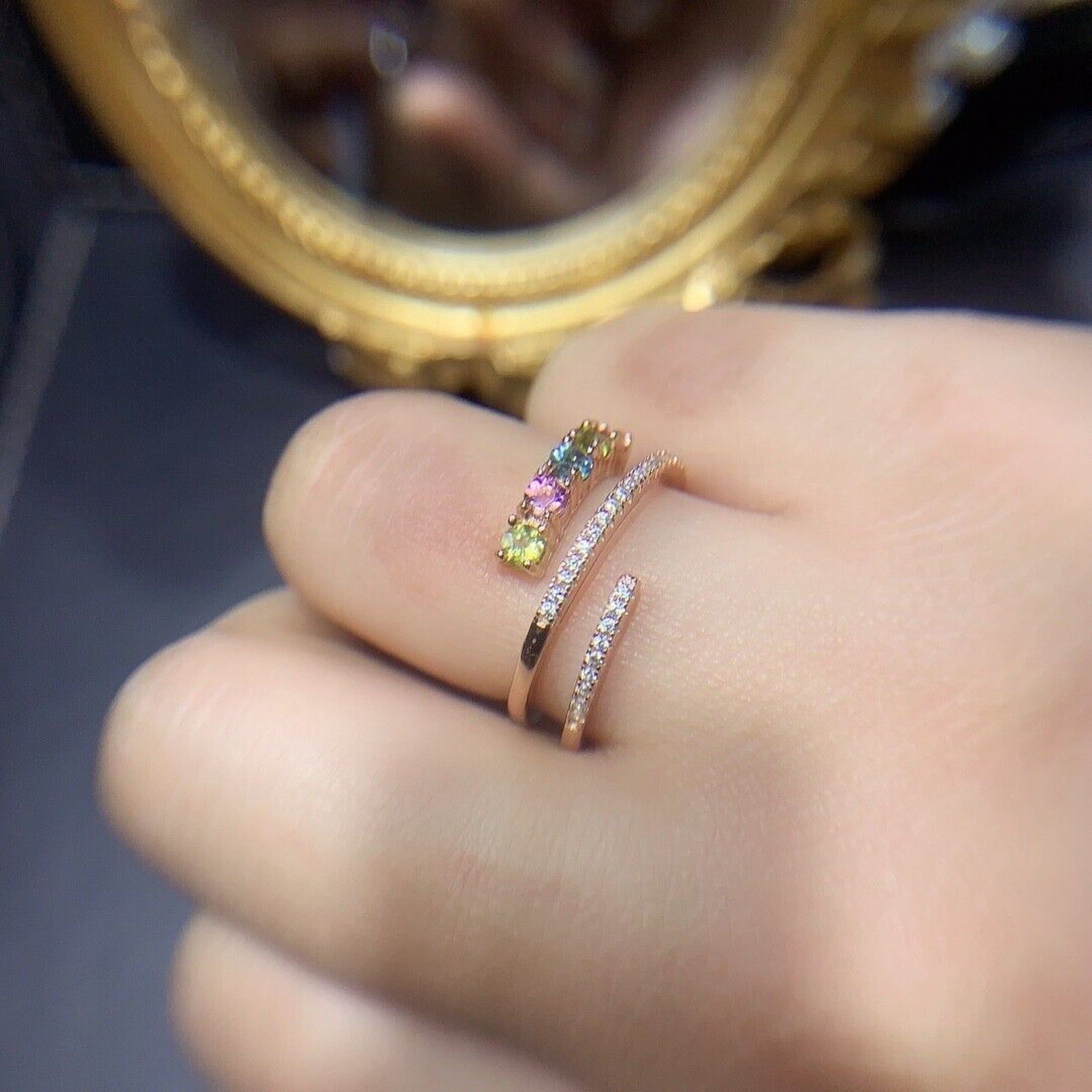 Natural Tourmaline Gemstone Statement Ring, Multicolor Tourmaline Ring Sterling