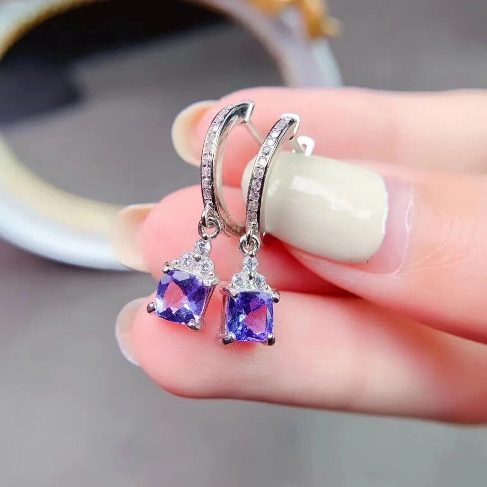 Natural Purple Tanzanite Hoop Earrings – 925 Sterling Silver Dangle Earrings