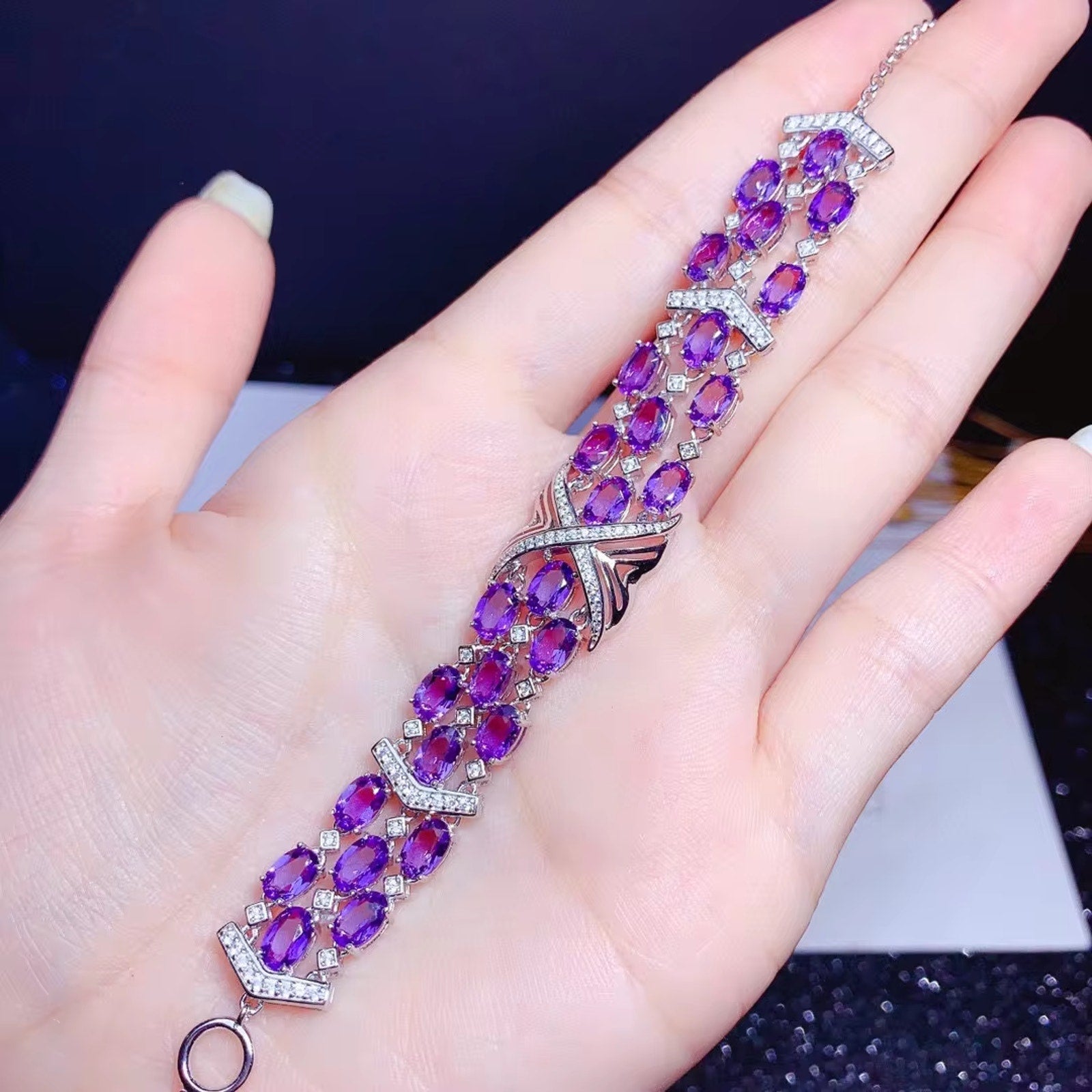 Amethyst Gemstone Bracelet, Natural Amethyst 3 Layer Tennis Bracelet Sterling