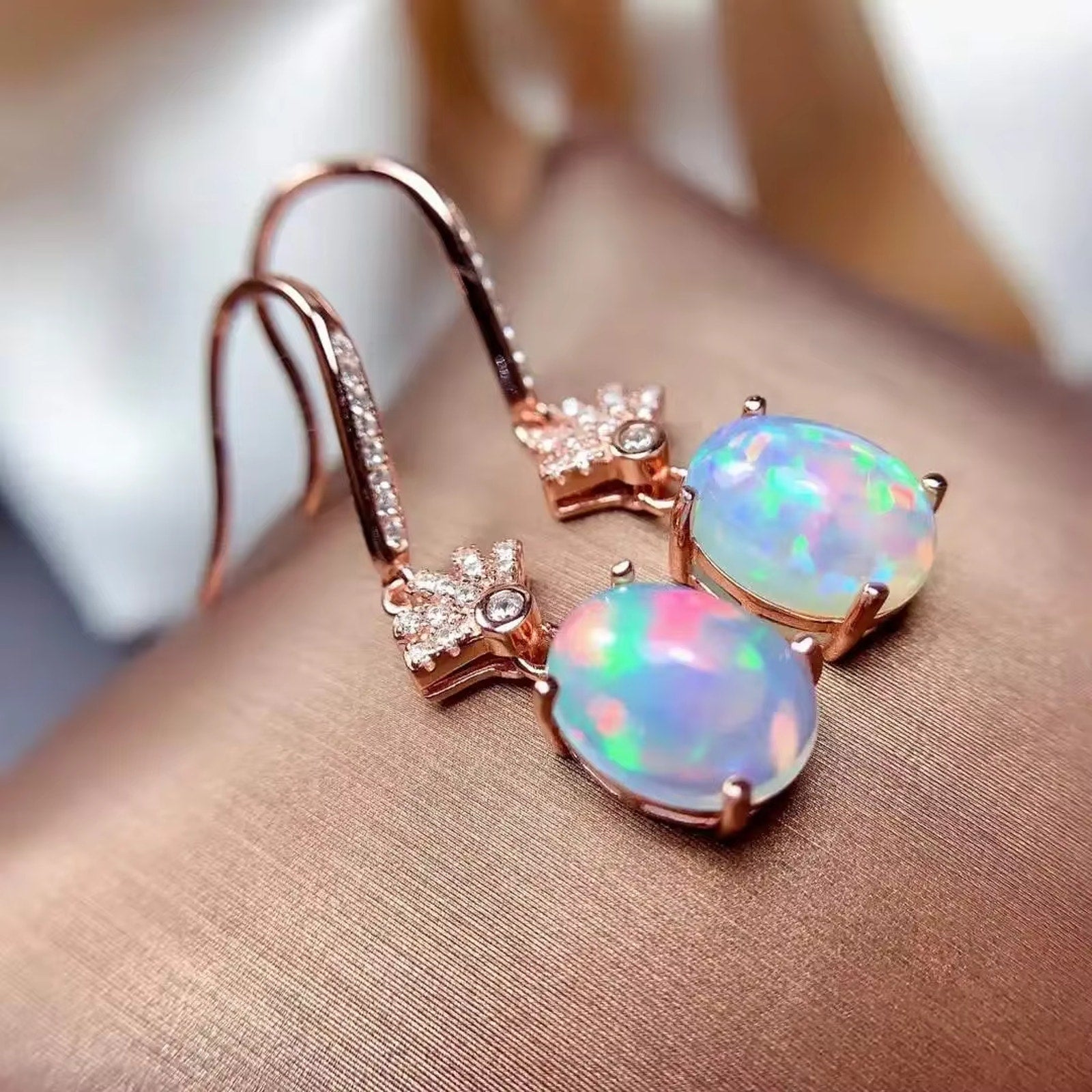 Natural Fire Opal Earrings 6x8mm Sterling Silver