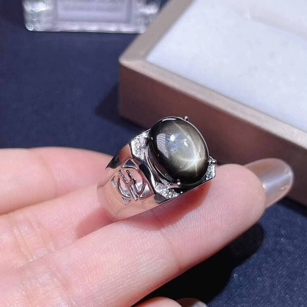 Men's Star Sapphire Ring, 10x12mm Natural Gray Star Sapphire Ring 925 Sterling