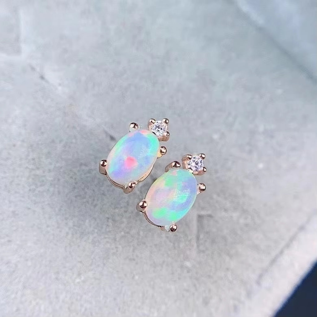 Natural Fire Opal Earrings, Women's Opal Stud Earrings 925 Sterling Silver 4x6mm