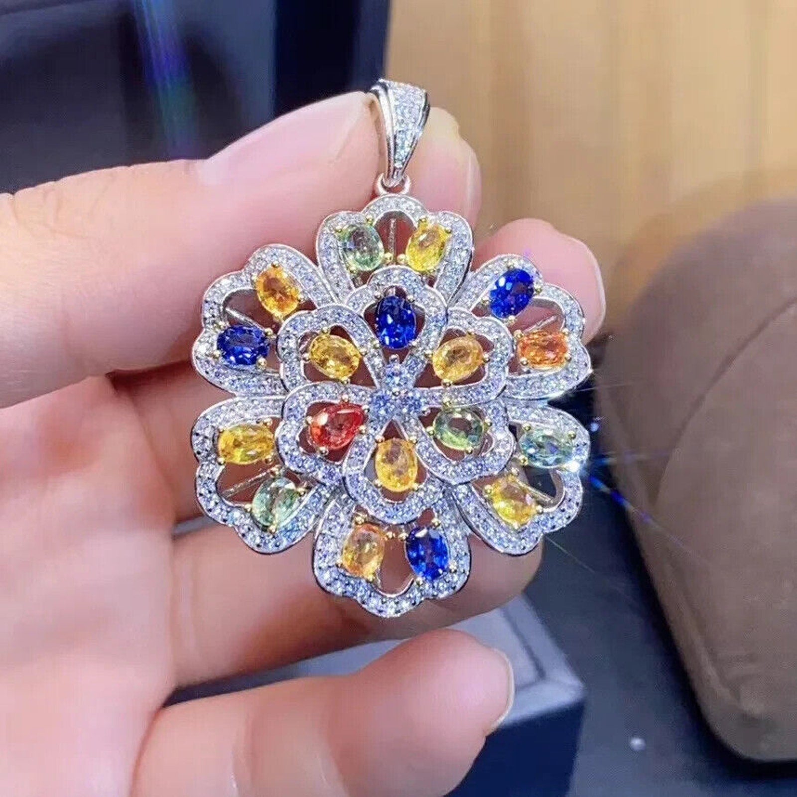 Multicolor Sapphire Statement Pendant Necklace, Natural Sapphire Pendant