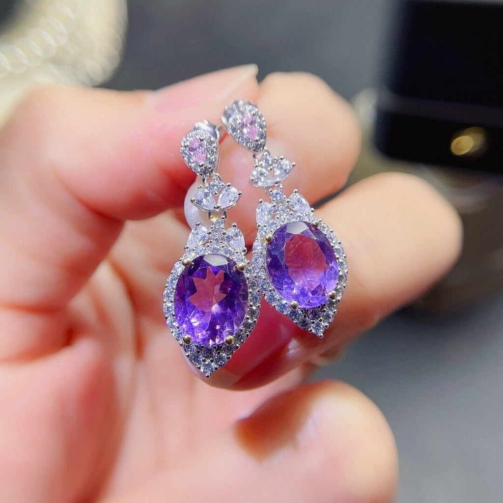 8x10mm Genuine Amethyst Drop Dangle Earrings, Oval Cut Amethyst Earrings