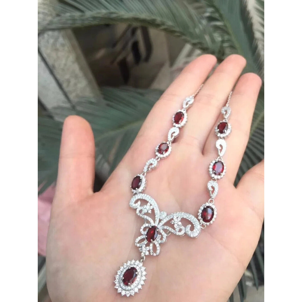 Red Garnet Gemstone Statement Necklace, January Birthstone Red Garnet 925 Silver