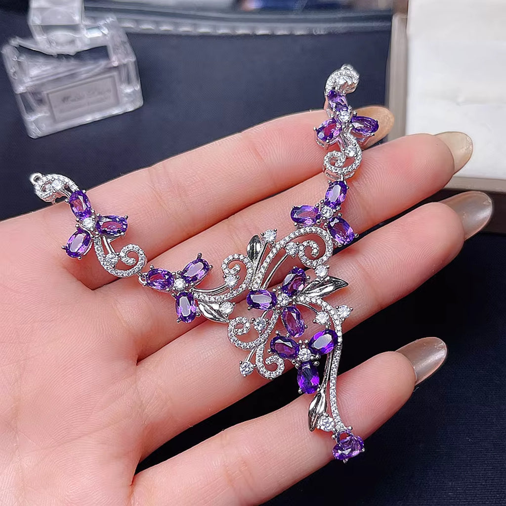 Natural Amethyst Gemstone Statement Necklace 925 Sterling Silver 4x6mm