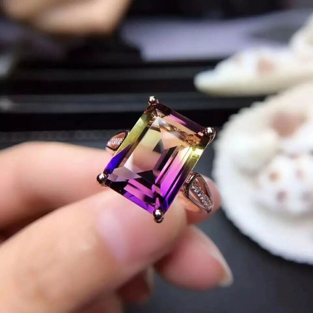 Natural Amethyst Ametrine Ring 10x14mm, Large Ametrine Ring 925 Sterling Silver