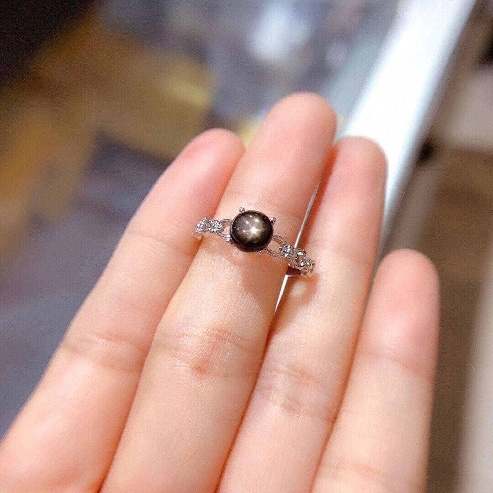 6x6mm Natural Gray Star Sapphire Ring, Women's Natural Gray Star Sapphire Ring