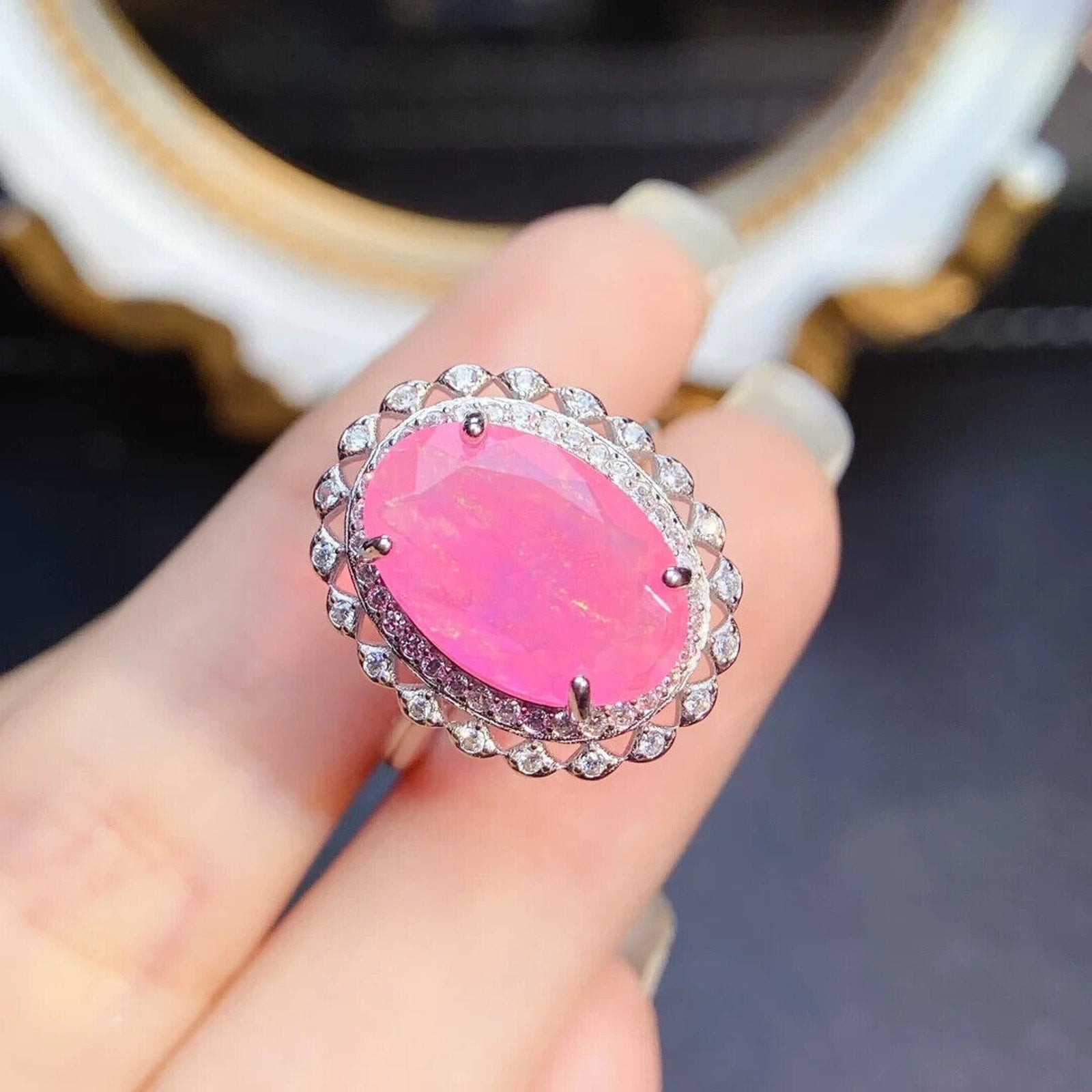 Pink Fire Opal Large Statement Ring 10x15mm, Natural Pink Fire Opal Ring