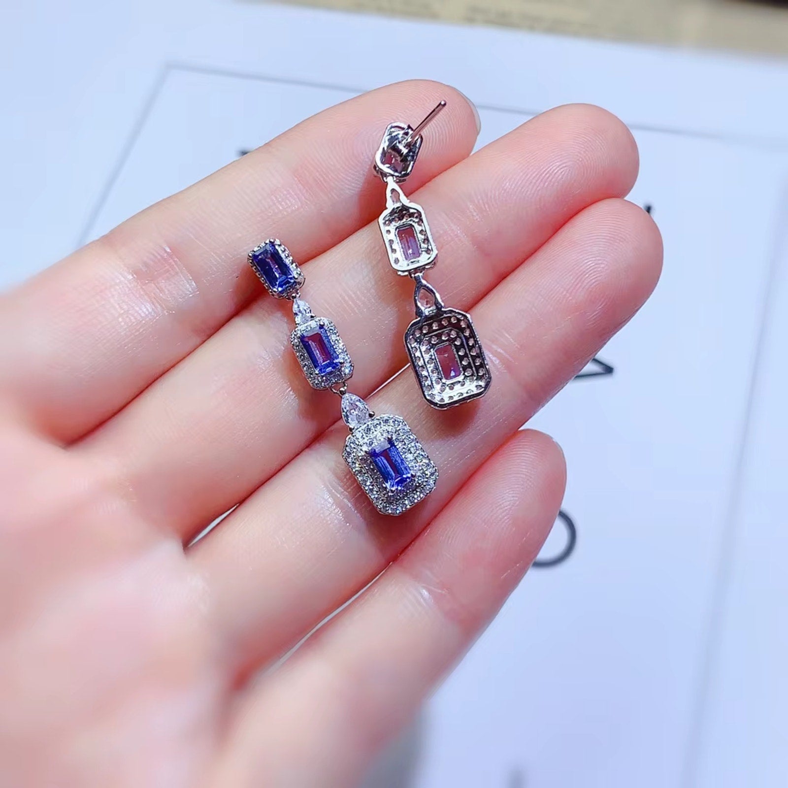 Emerald Cut Purple Tanzanite Drop Dangle Earrings, VVS Grade Tanzanite Earrings