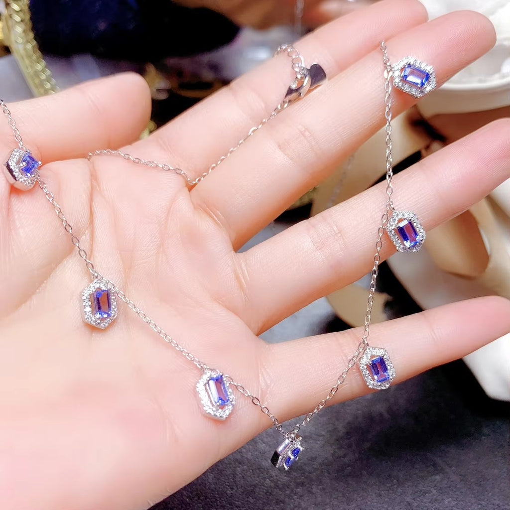 Natural Tanzanite Charm Necklace, Emerald Cut Tanzanite Necklace Sterling Silver