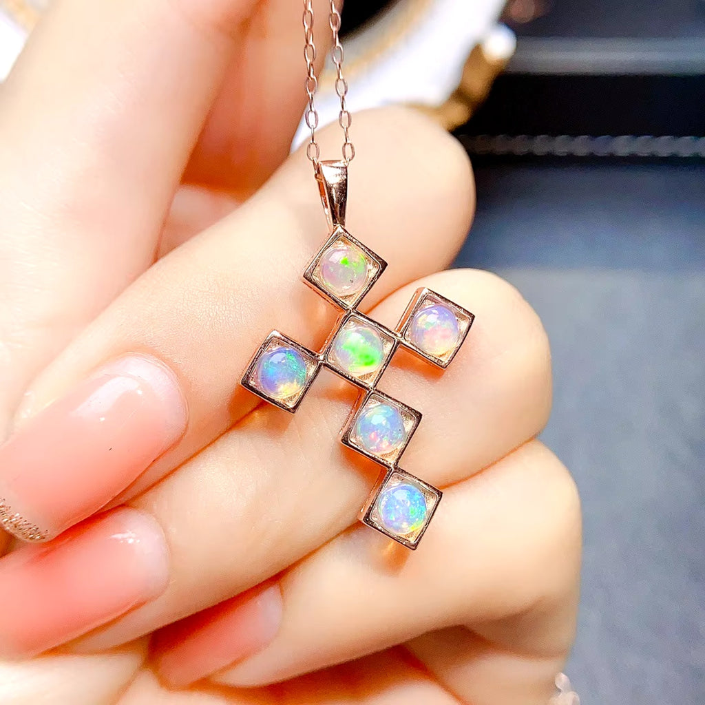 Natural Fire Opal Cross Necklace, Opal Cross Necklace 925 Stelring Silver 4mm