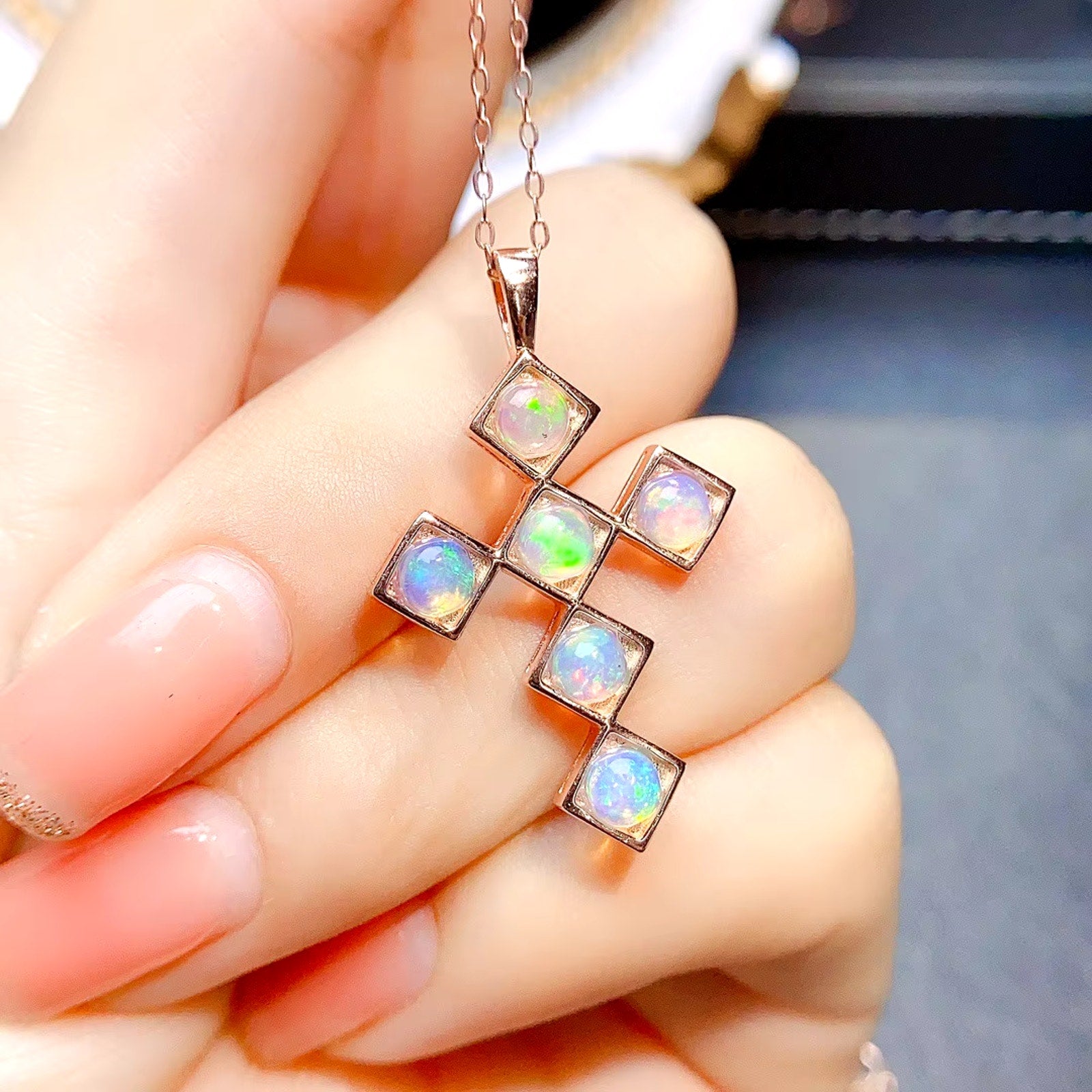 Natural Fire Opal Cross Necklace, Opal Cross Necklace 925 Stelring Silver 4mm