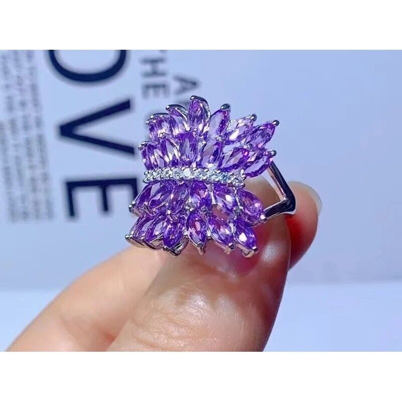 Marquise Cut Amethyst Full Finger Ring, Women's Natural Amethyst Gemstone Ring