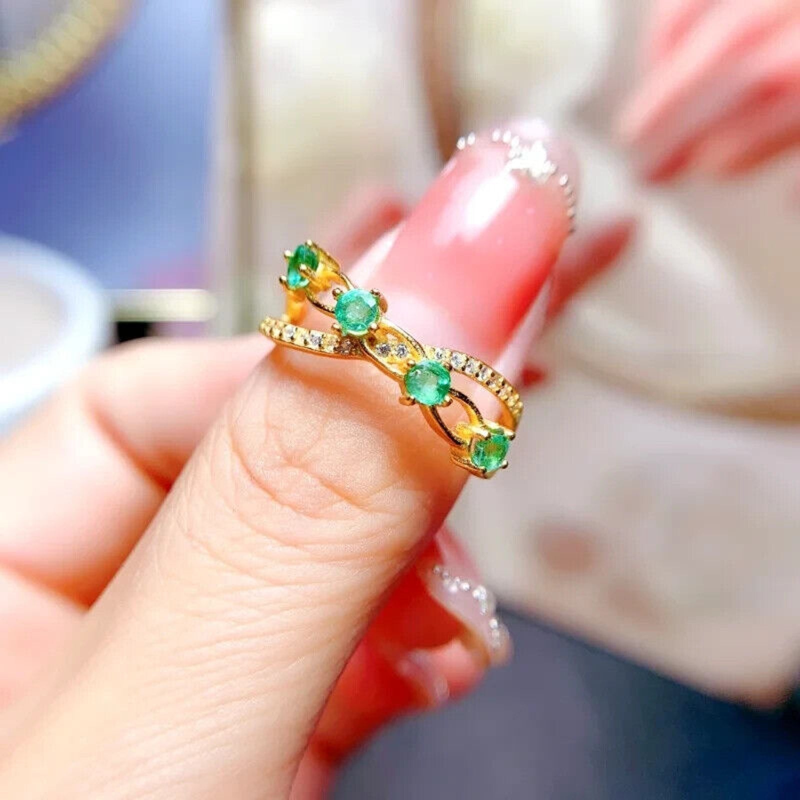 Natural Emerald Band Ring 3mm Sterling Silver