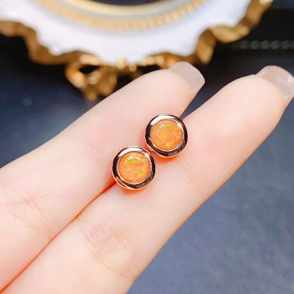 Orange Fire Opal Bezel Setting Stud Earrings 5mm, Orange Fire Opal Earrings