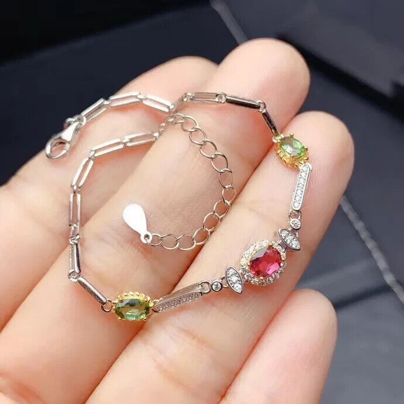 Natural Tourmaline Gemstone Paperclip Chain Bracelet, Pink and Green Tourmaline