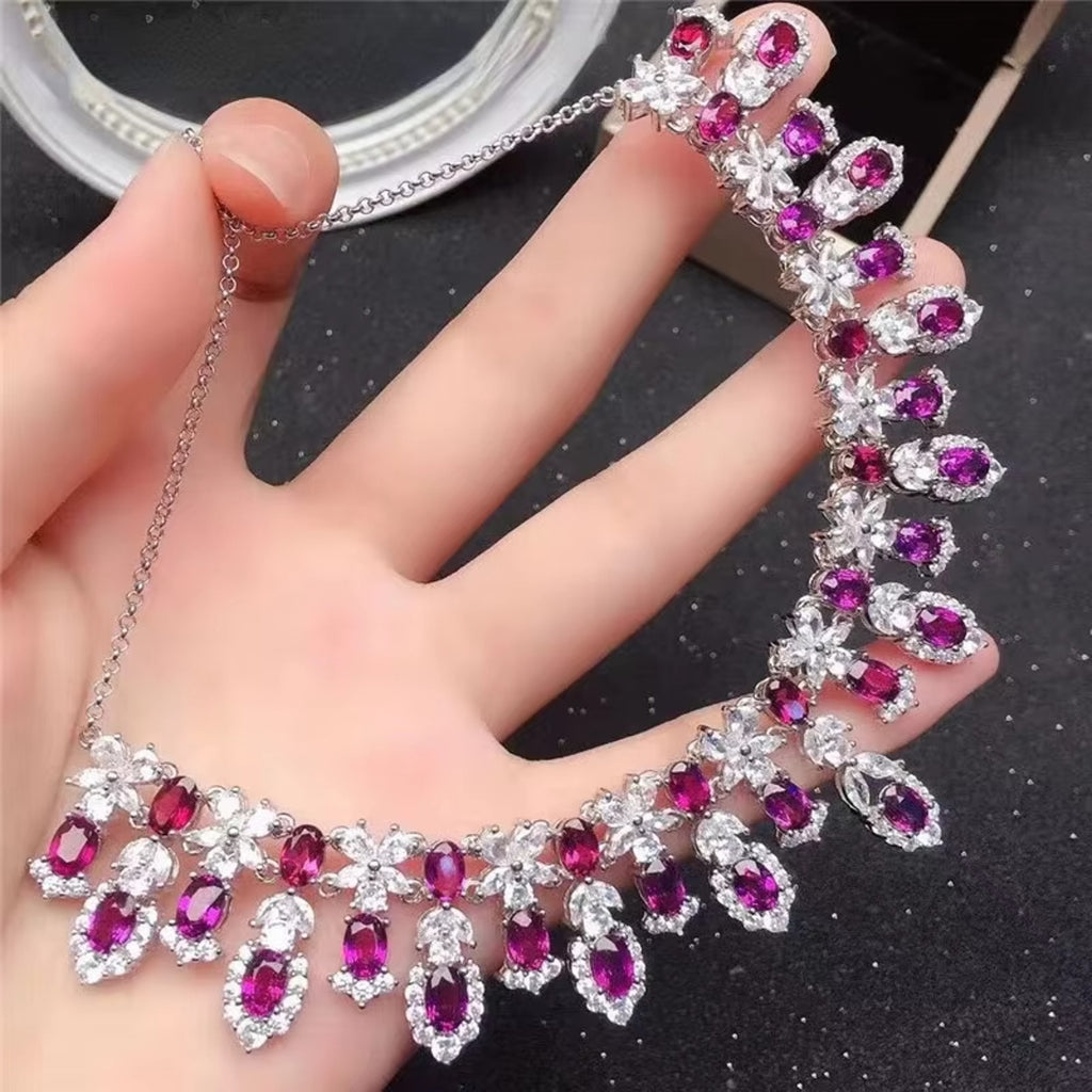 Natural Pink Garnet Statement Necklace, Gemstone Bib Necklace 925 Sterling