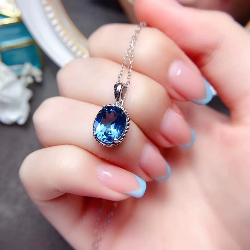 3CT London Blue Topaz Pendant Necklace, 925 Sterling Silver Blue Topaz Necklace