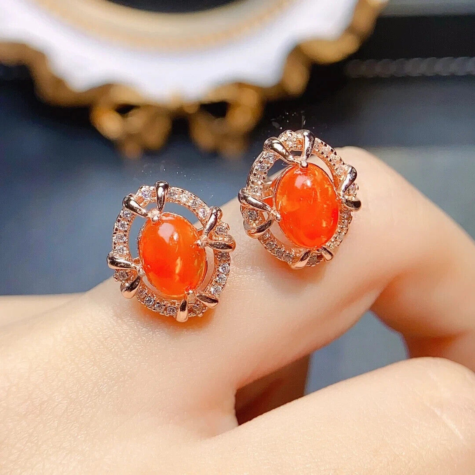 Orange Fire Opal Stud Earrings, Natural Orange Opal Stud Earrings 6x8mm