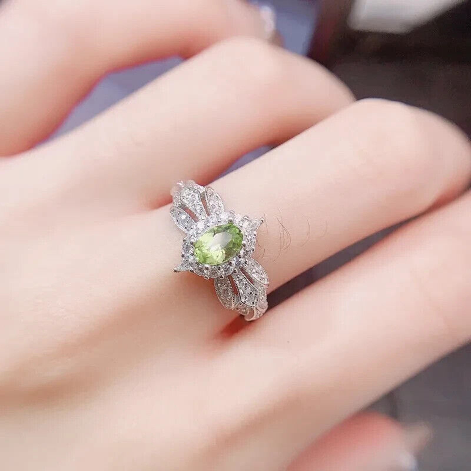 Natural Peridot Gemstone Ring 4x6mm, August Birthstone Peridot Ring Sterling