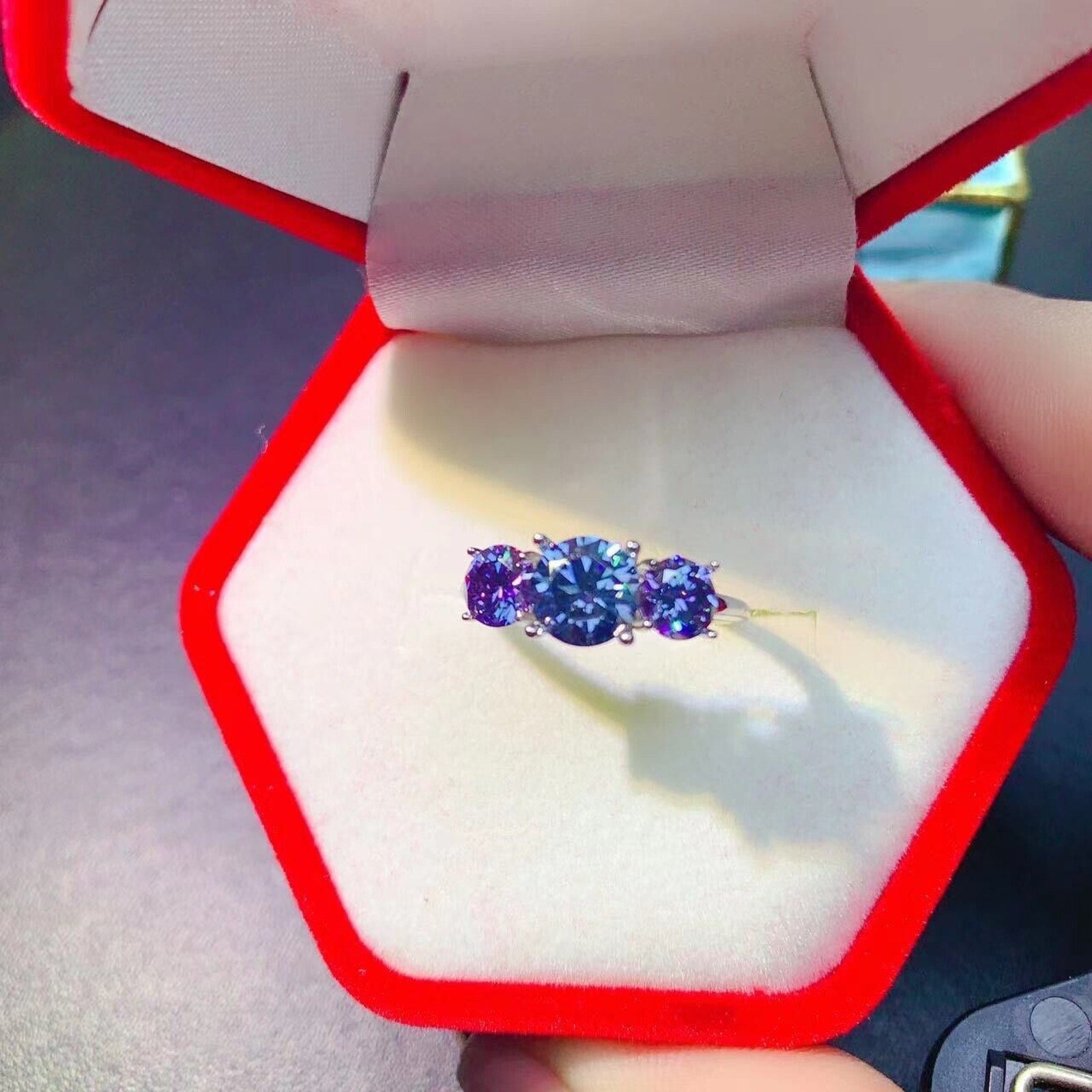 VVS1 Blue Moissanite 3 Stone Ring 925 Sterling Silver