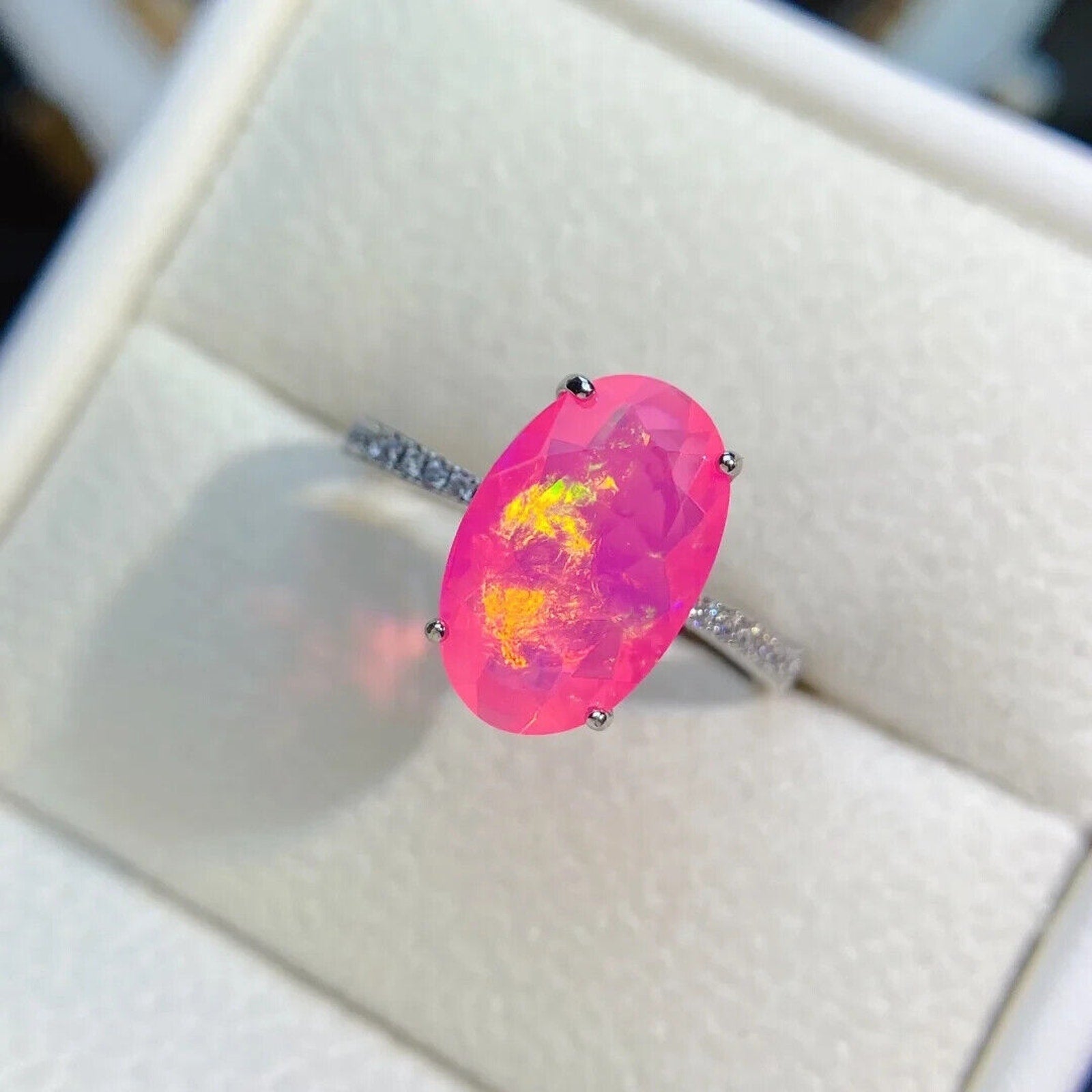Pink Fire Opal Large Statement Ring 9x14mm, Natural Pink Fire Opal Ring
