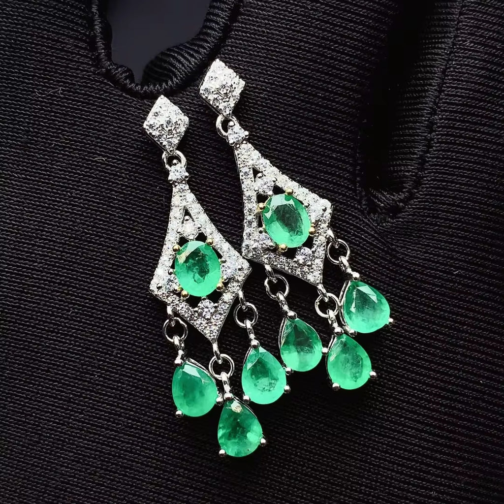 Natural Emerald Dangle Earrings, Women's Emerald Earrings Platinum Plated Silver